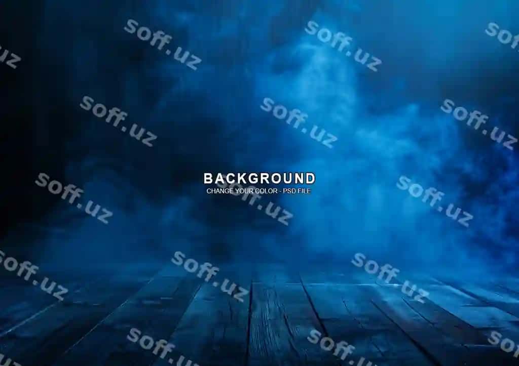 Tuman bilan to'q ko'k fon bo'sh yog'och pol tutun zamin tun | Dark blue background with fog empty wooden floor smoke ground night