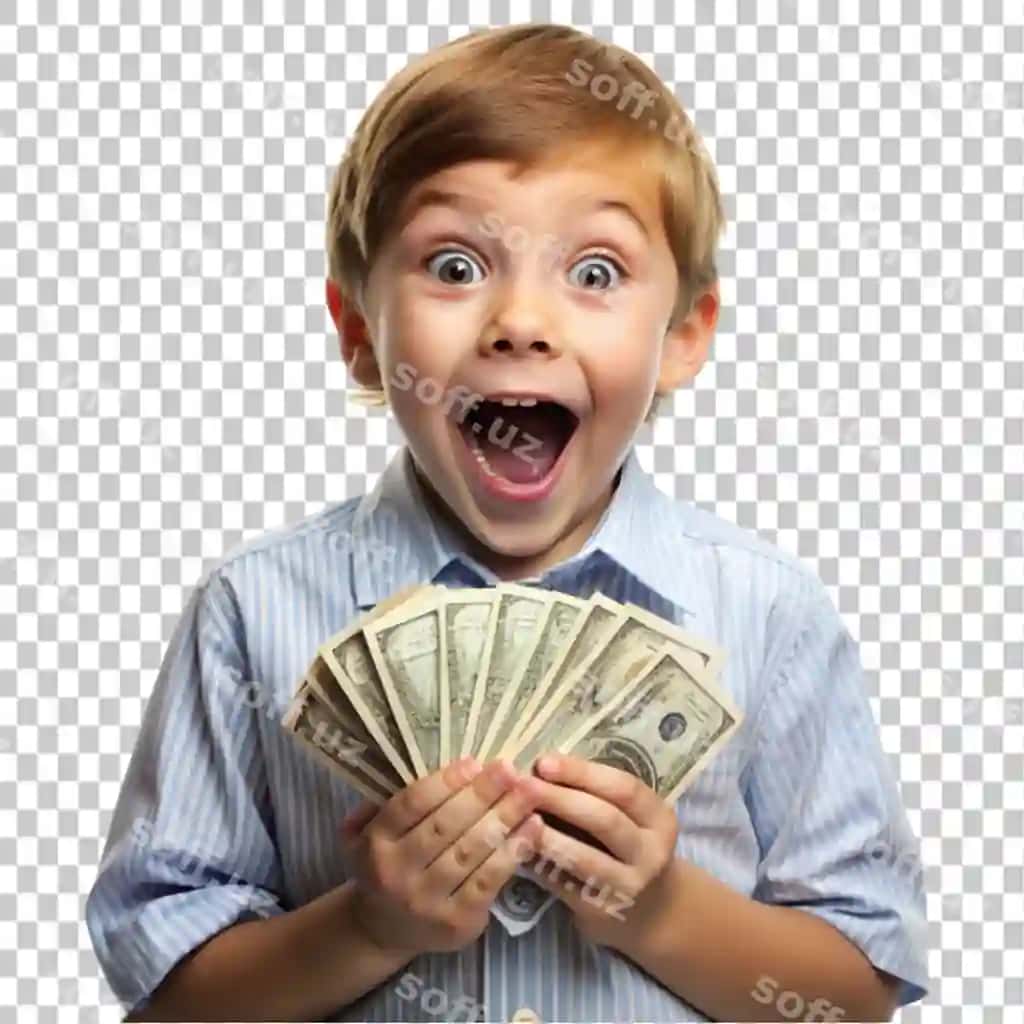 Bolalar ko'p pul bilan baxtli, hayratlangan, shaffof fon. | Kid with lot money happy shocked transparent background