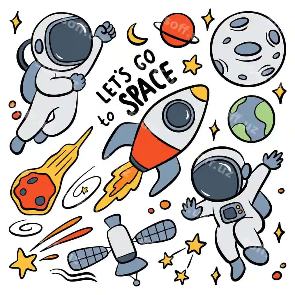 Qo'lda chizilgan kosmik astronavt multfilmi doodle tasviri | Hand drawn space astronaut cartoon doodle illustration