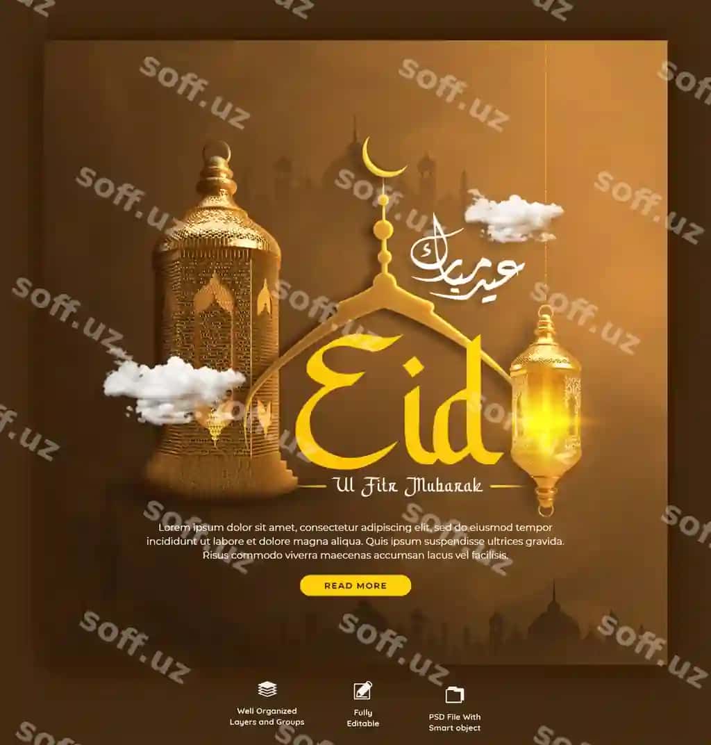 Iyd muborak Iyd ul Fitr ijtimoiy media banner instagram post shabloni | Eid mubarak eid ul fitr social media banner instagram post template