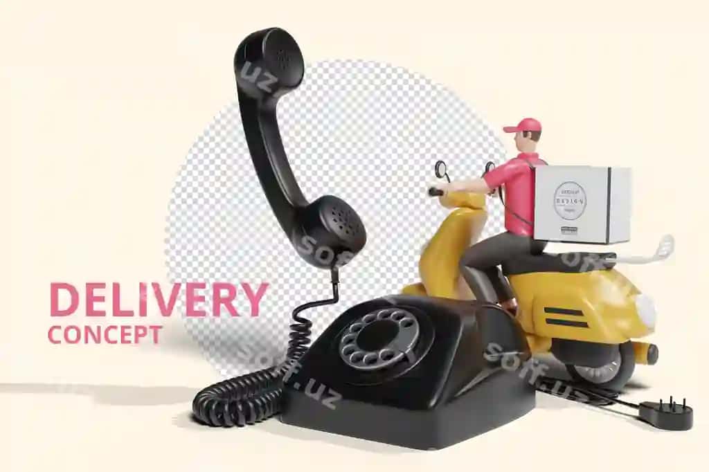 Yetkazib beruvchi mototsiklda ketmoqda, yetkazib berish qutisi maketli telefon bilan | Delivery man riding motorcycle with delivery box mockup telephone