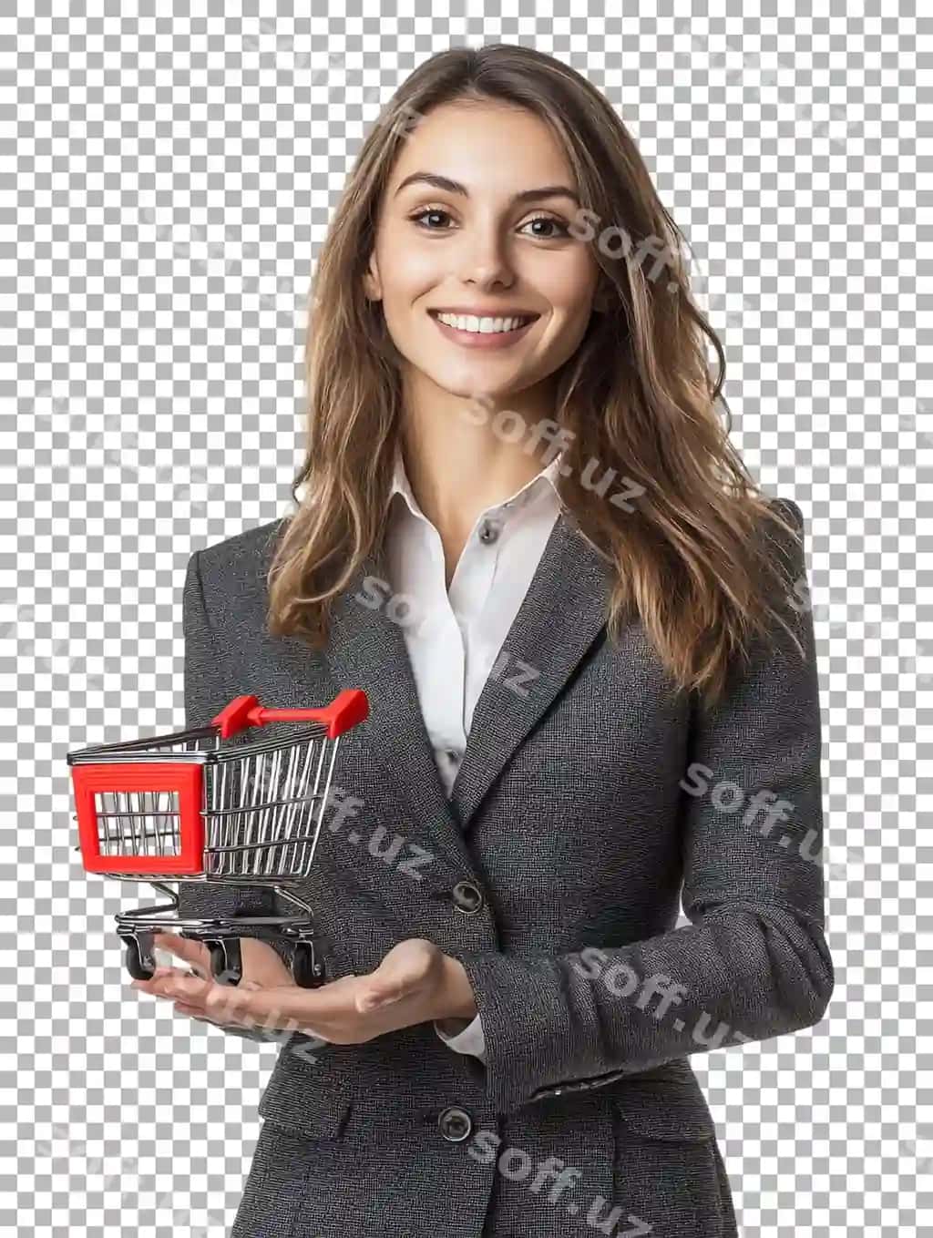 Gulovchi biznes ayol mini xarid savati bilan shaffof fonda | Smiling businesswoman with mini shopping cart against transparent