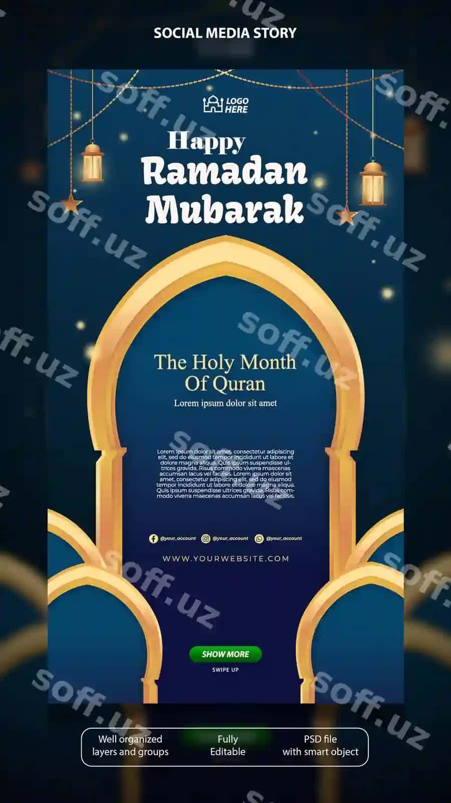Ramadan ijtimoiy tarmoqlar story shabloni ko'k rangda | Ramadan social media story template with blue color