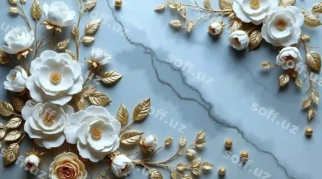 Nafis oq atirgullar marmardan oltin aksanlar | Elegant white roses gold accents marble