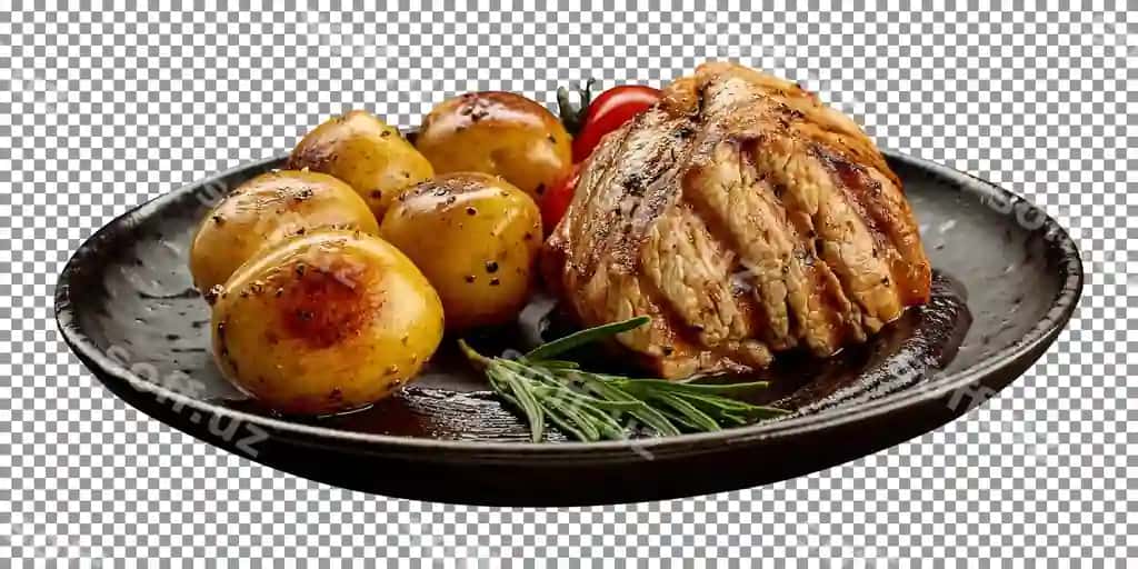 Plitalar grilda pishirilgan biftek kartoshkasi shaffof fon | Plate grilled steak potatoes transparent background