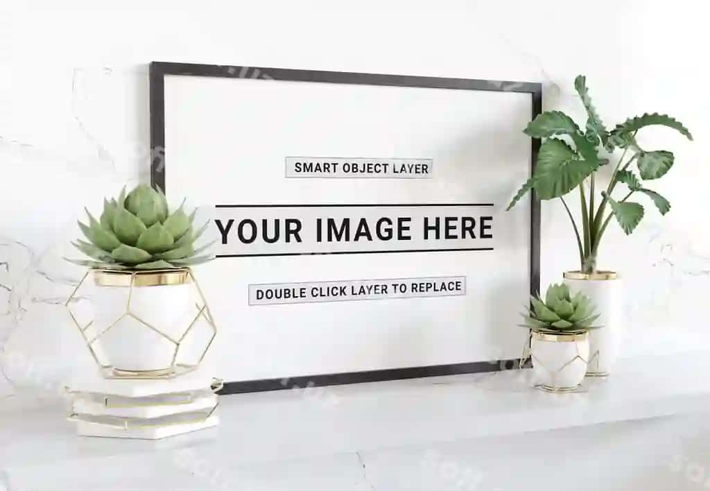 Gorizontal qora ramka joylashgan raf mockup | Horizontal black frame laying shelf mockup