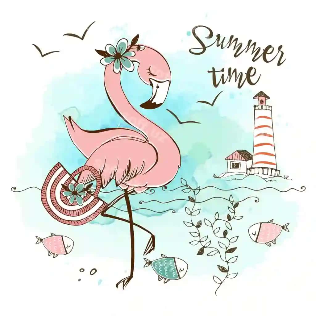 Girihli chiroyli binafsha flamingo sumkali dengizi sohil yoz vaqti vektor | Fashionable cute pink flamingo with bag sea beach summer time vector