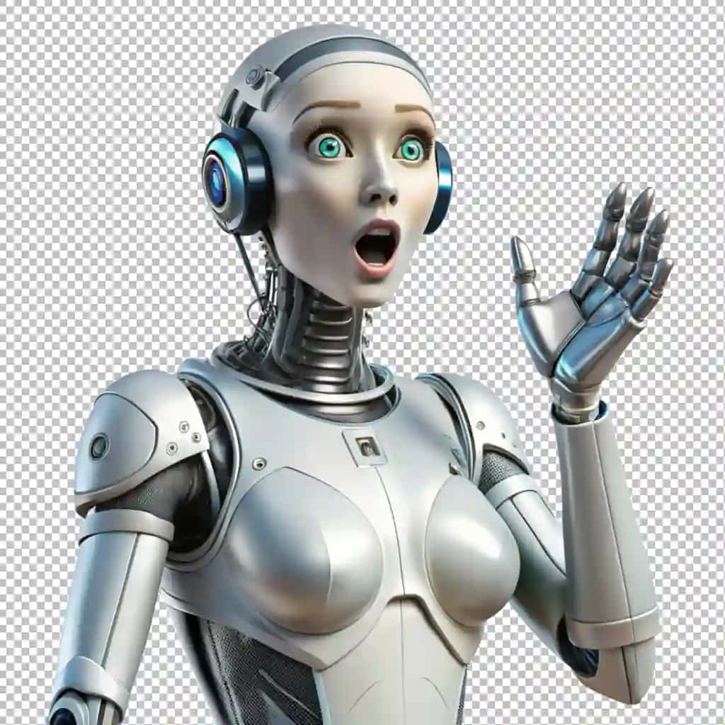 Hayratlangan yuz ifodasi bilan shaffof fon dizayniga ega robot | Robot with surprised face expression transparent background design