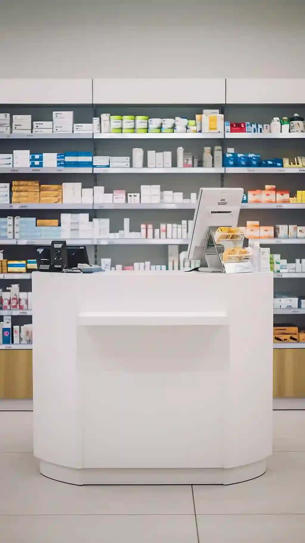 Dorixona dorixona javonlari bilan bo'sh oq peshtaxta, fon xiralashgan | Empty white counter with pharmacy drugstore shelves blurred background