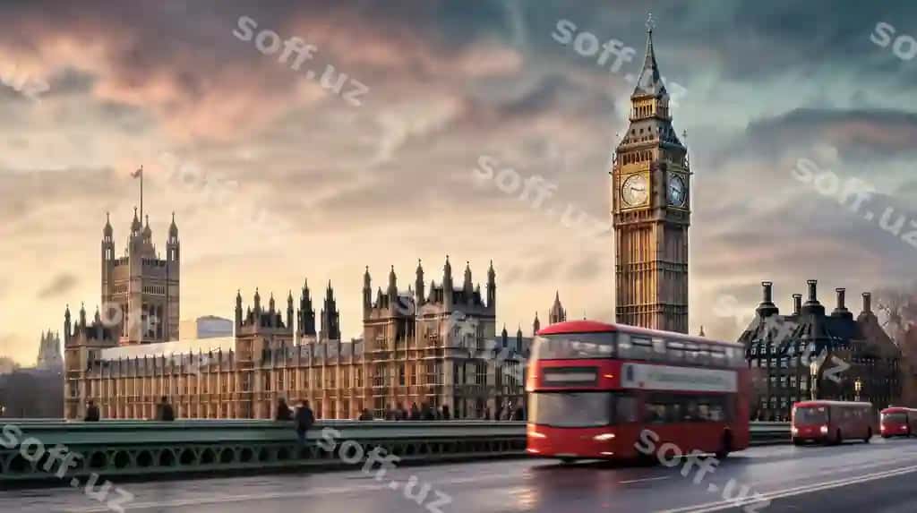 Dubl-dekker avtobusi uylar oldida o'tyapti Parlament Big Ben London Angliya | Doubledecker bus passing front houses parliament big ben london england