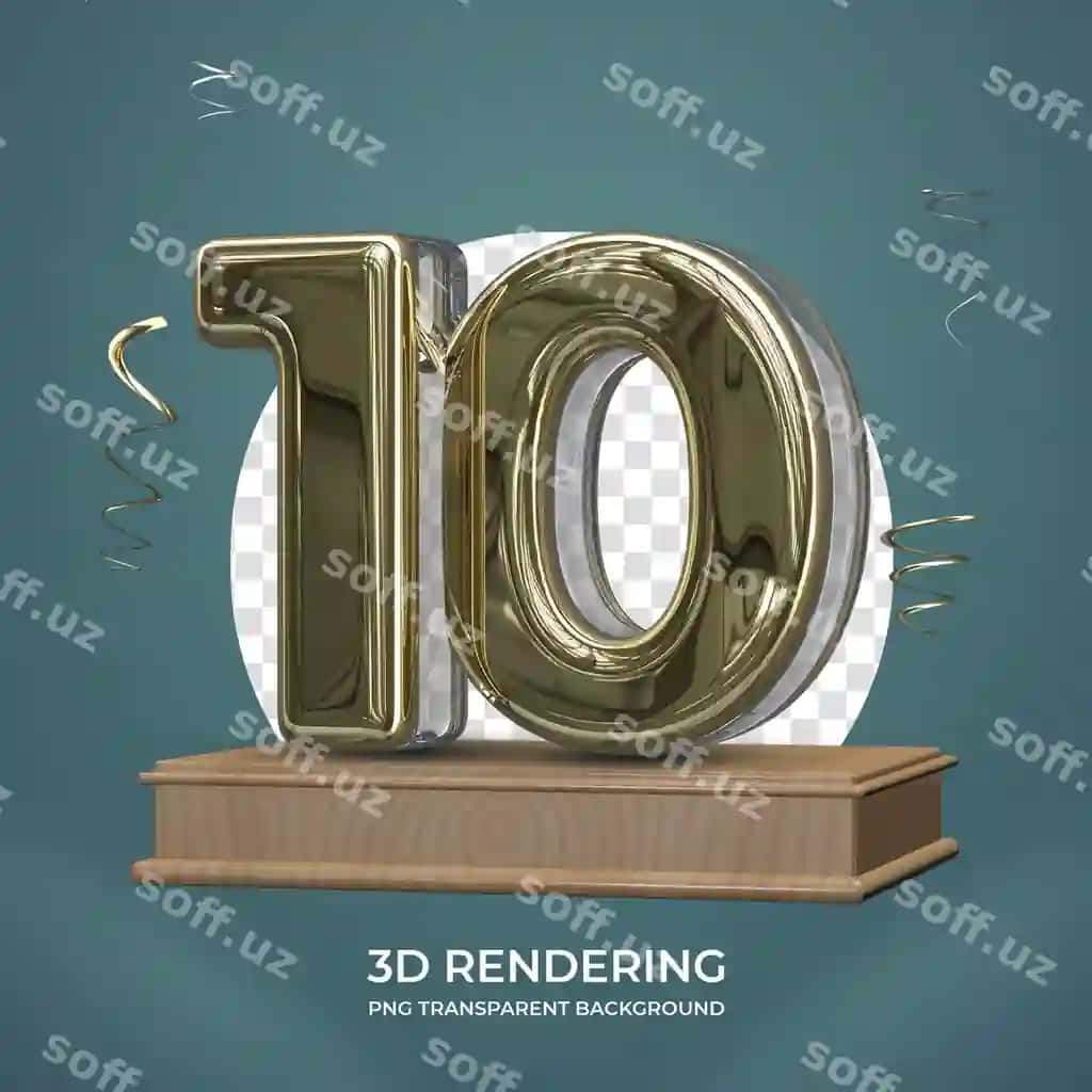 Oltin raqam 10 bosqich 3D shaffof fonni ko'rsatadi | Gold number 10 stage 3d render transparent background