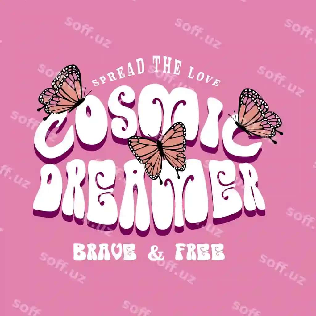 Izolyatsiya qilingan pushti fonda kapalak vektor tasviri bilan tipografiya | Typography with butterfly vector illustration isolated pink background