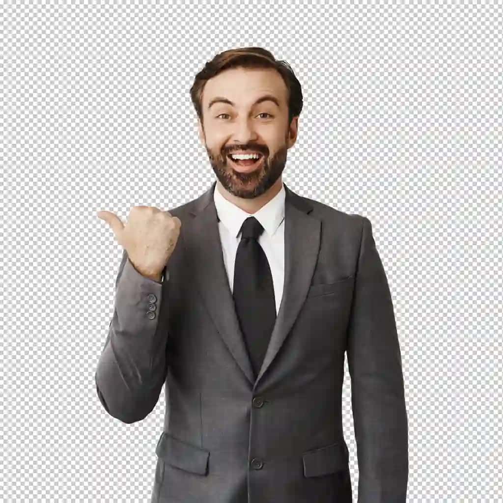 G‘ayratli soqolli biznesmen barmog‘ini ko‘rsatib, tabassum qilmoqda | Enthusiastic bearded businessman pointing finger left smiling corporate