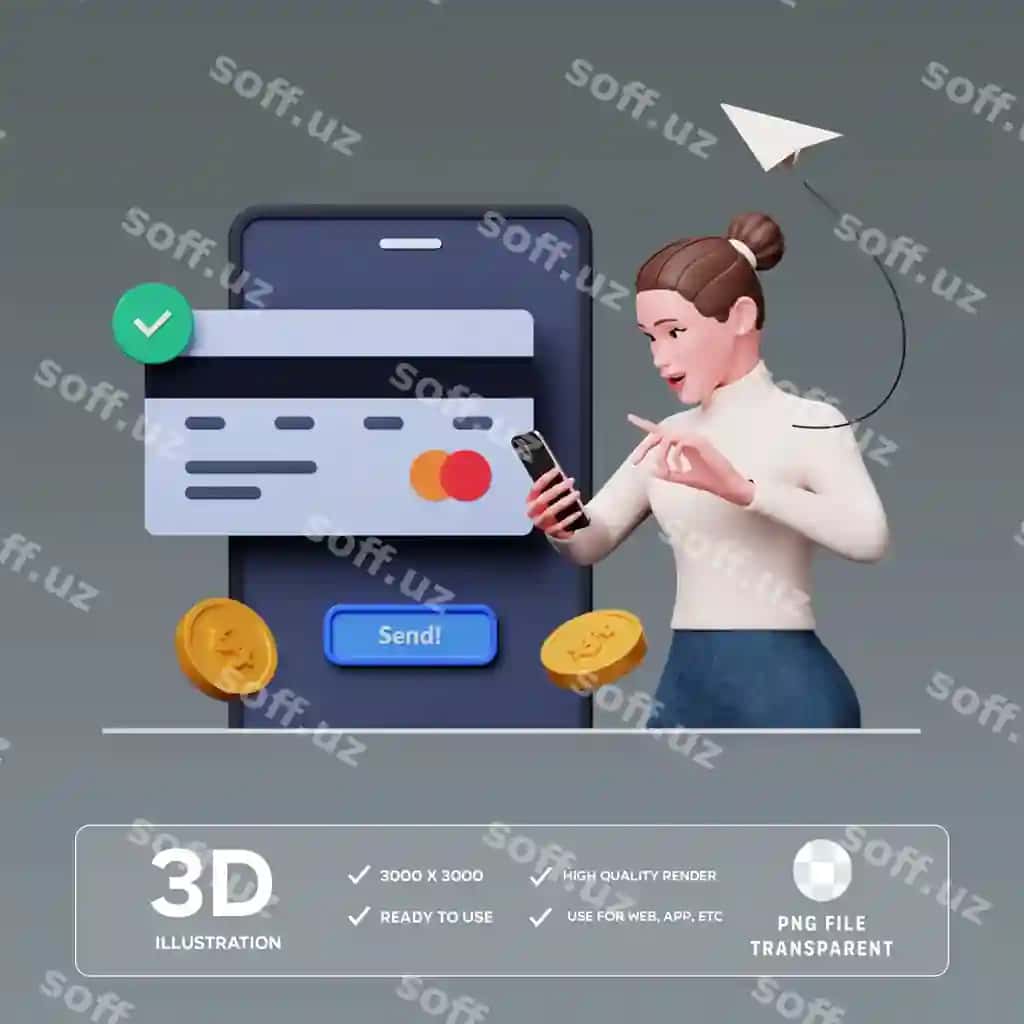 Psd ayol pul yuborish 3D illustratsiya | Psd girl sending money 3d illustration
