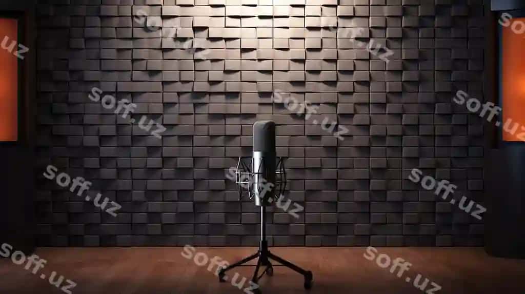 Studiyo kondensator mikrofon shovqotsiz xona teksturli orqa fonda 3D render | Studio condenser microphone soundproof room textured backdrop 3d rendering