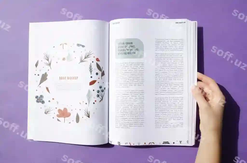 Magazinni tutgan qo'l binafsha orqa fon | Hand holding magazine purple background