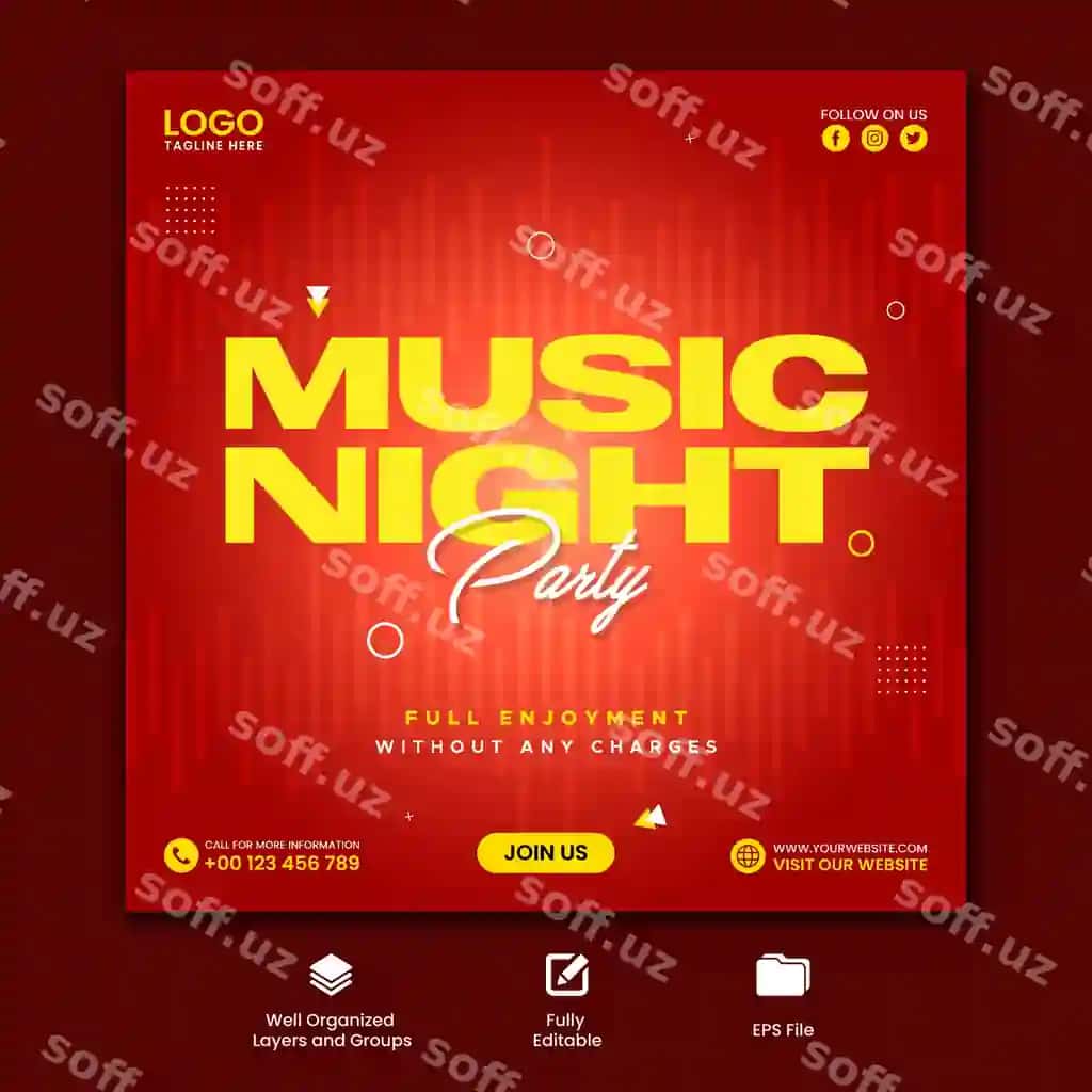 Musiqa kechasi ijtimoiy media post shablon dizayni | Music night party social media post template design