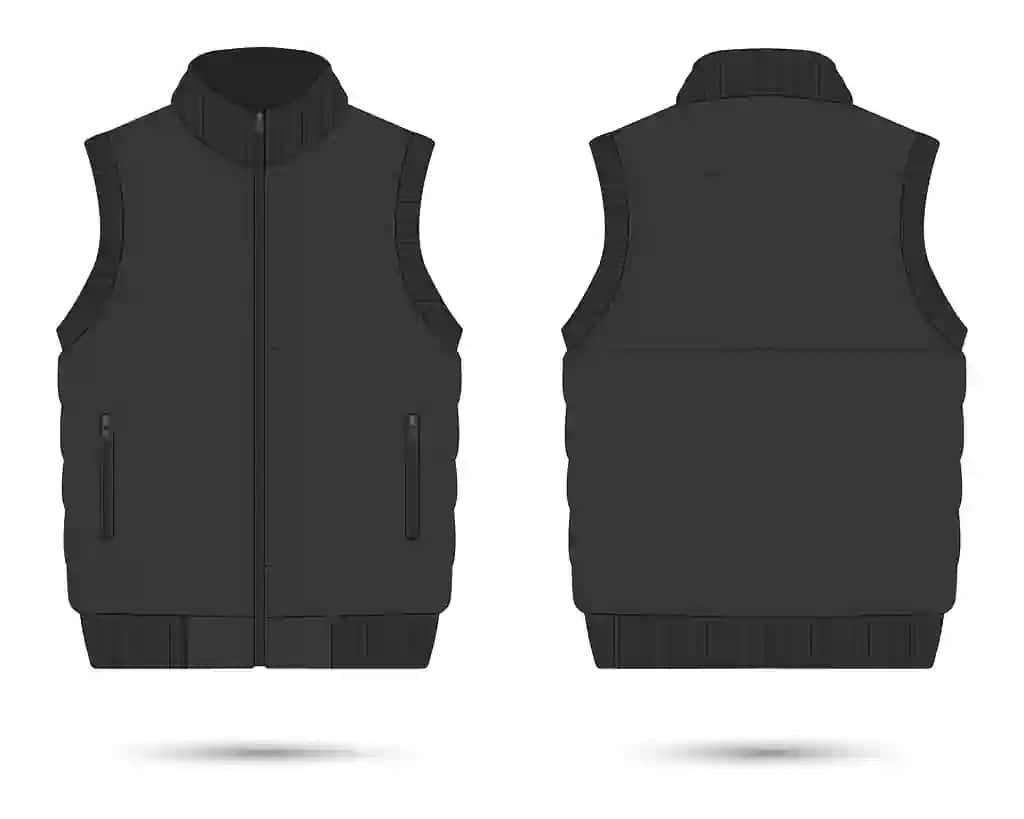 Qora puffer yelek maketi oldingi orqa koʻrinishdagi vektor tasviri | Black puffer vest mockup front back view vector illustration