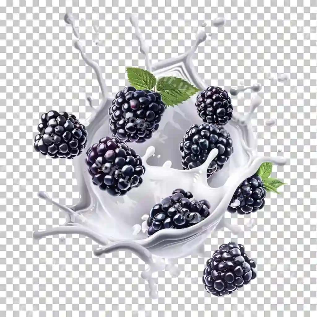 Suziluvchi qora-bla-beri sut splashi ajralangan shaffof | Floating blackberries milk splash isolated transparent