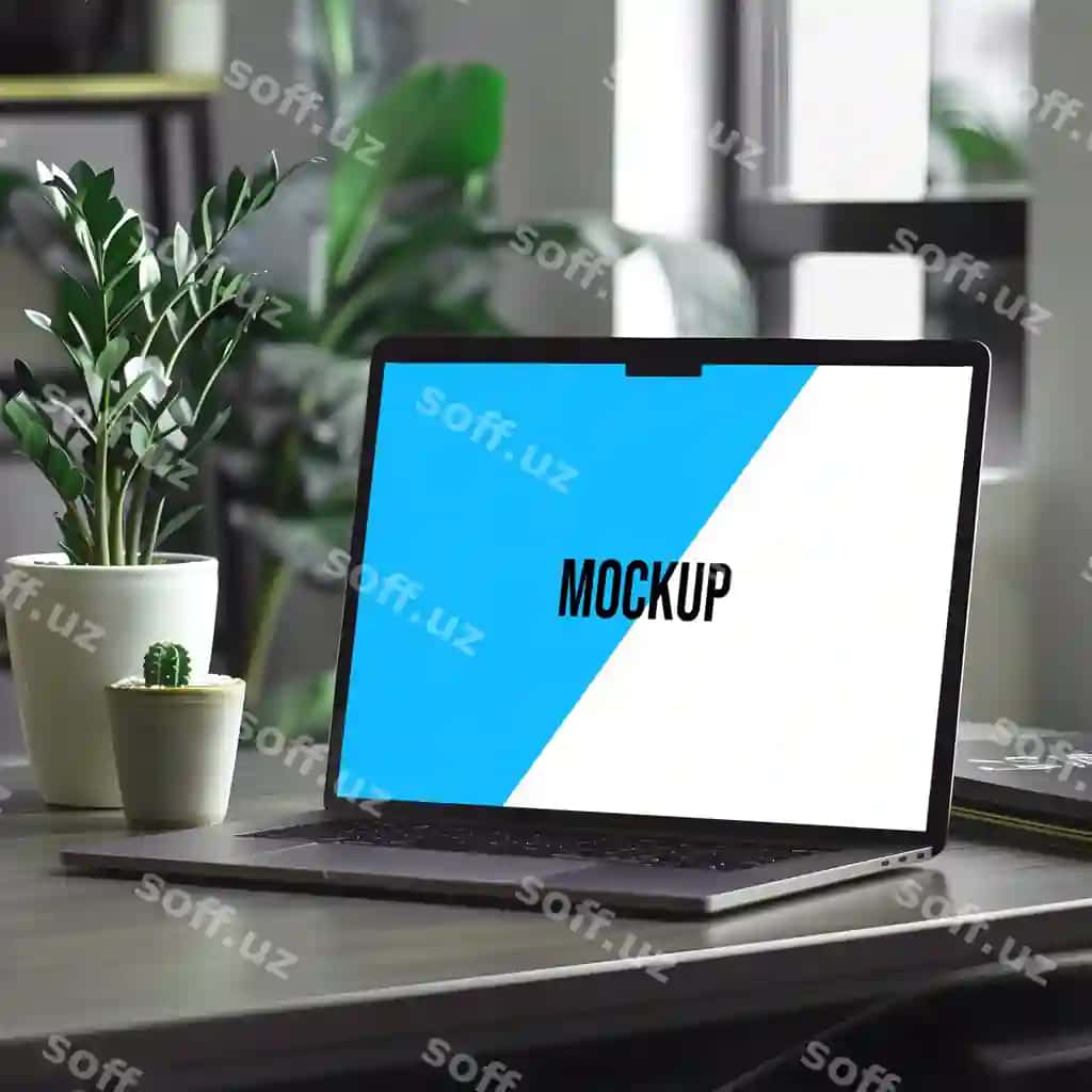O'simliklar stoli bilan noutbuk maketi | Laptop mockup with plants desk