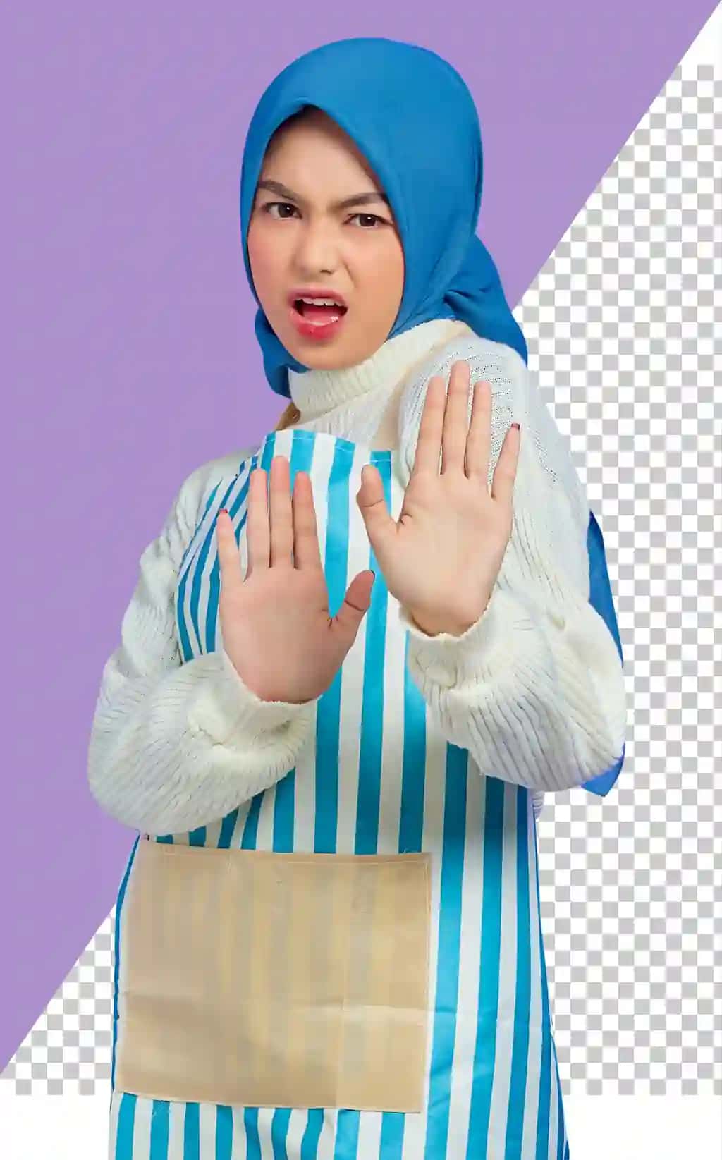 Portret g'azablangan yosh osiyolik musulmon ayol hijobli chiziqli fartuk ko'rsatmoqda | Portrait angry young asian muslim woman hijab striped apron showing
