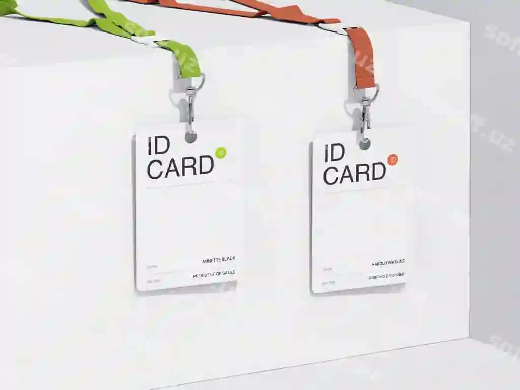 Oq yuzasiga osilgan bog'ichli ikkita xodimning shaxsiy guvohnomasi | Two employee id cards with lanyards hanging white surface