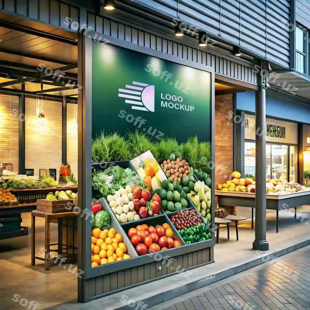 Kawa degan yozuvli to'g'ri to'rtburchakli billboard do'kon ko'rinishi | Mockup rectangular billboard store front with sign that says kawa