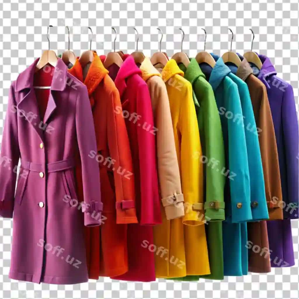 Binofat qishki paltolar paltolik shaffof orqa fon ustida | Vibrant winter coats hanging rack against transparent background