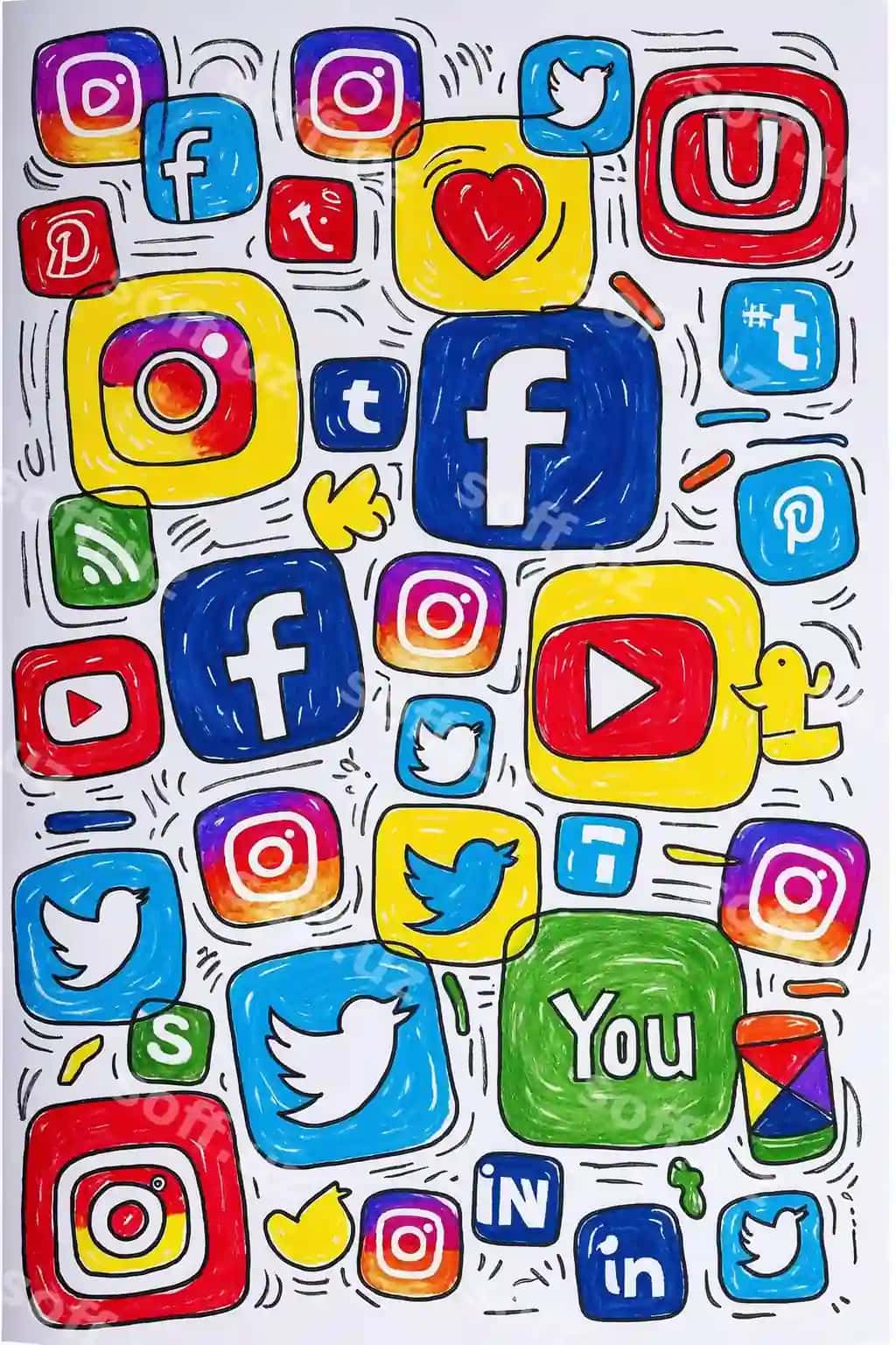 Stilizatsiyalangan ijtimoiy tarmoqlar logotiplari kuchli ranglar bilan raqamli dizayn | Stylized social media logos with bold colors digital design