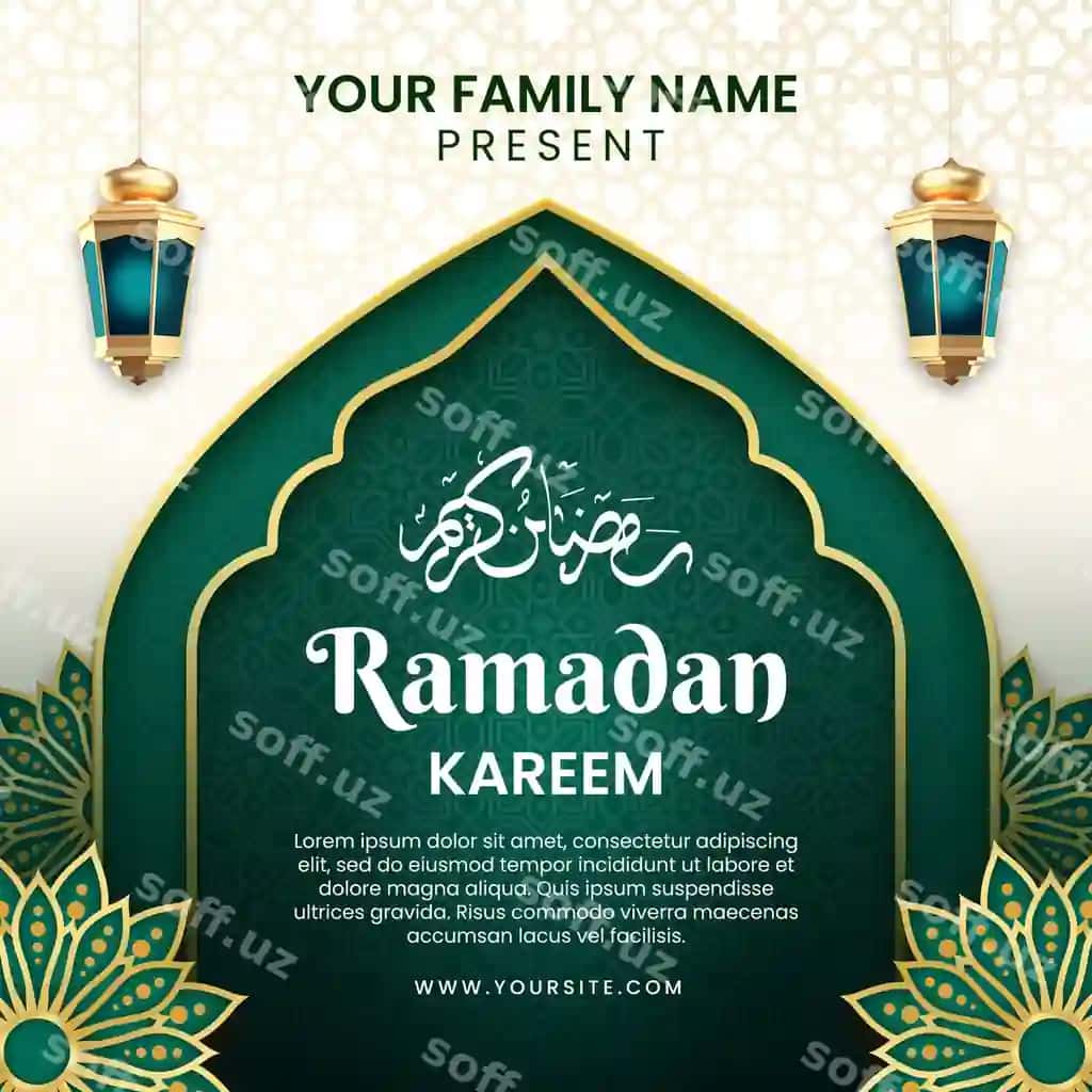 Ramazon Komm so'zi yozilgan yashil fonli qoniq rangli ployka | Poster ramadan kareem with green background gold text that says