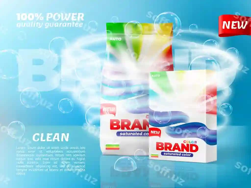 Yuvish tozalash vositalarining qadoklashi wek girp suv aylanmasi yuvish detergenti bilan | Washing powder packaging with soap bubbles water whirl washing detergent
