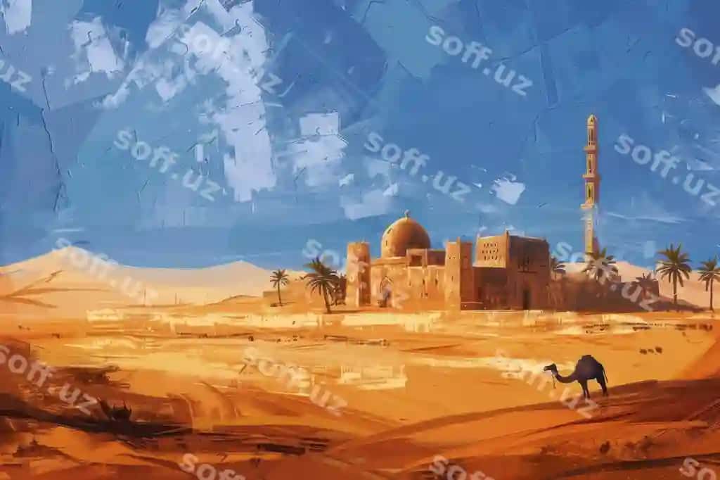 Oltin cho'li, Islam masjidi, Xurmo daraxti, Arab manzara, orqa fonda | Golden desert islamic mosque date palm tree arabian landscape background