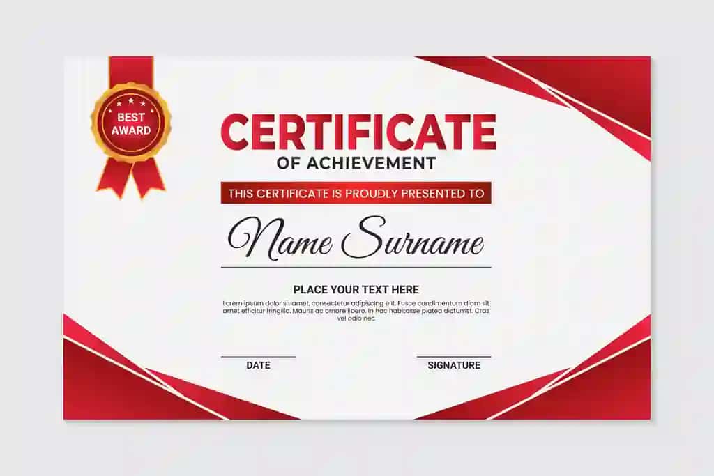 Zamonaviy qizil geometrik dizayn yutuqlari sertifikat shablon oq | Modern red geometric design achievement certificate template white