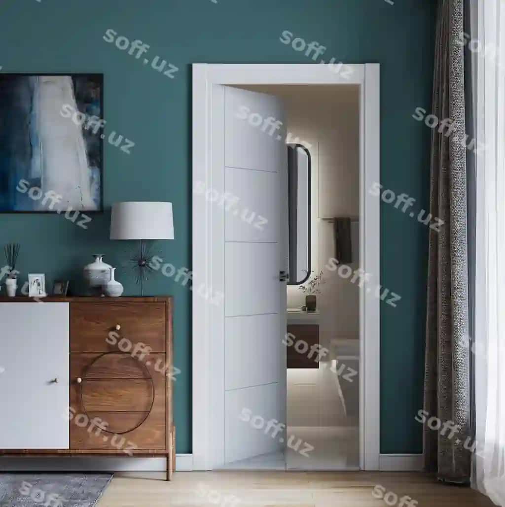 Hammom gipsli yashash xonasi, moviy moviy devorlar, yog'och pol, bo'sh xona, tortma tomoni | Living room with bathroom plaster bluish cyan walls wooden floor empty room withdrawer side
