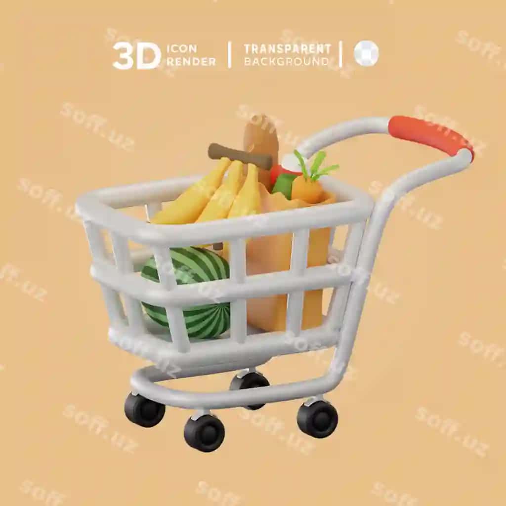 Uch o'lchovli ikonka trolli oziq-ovqat illustratsiyasi | 3d icon trolly grocery illustration