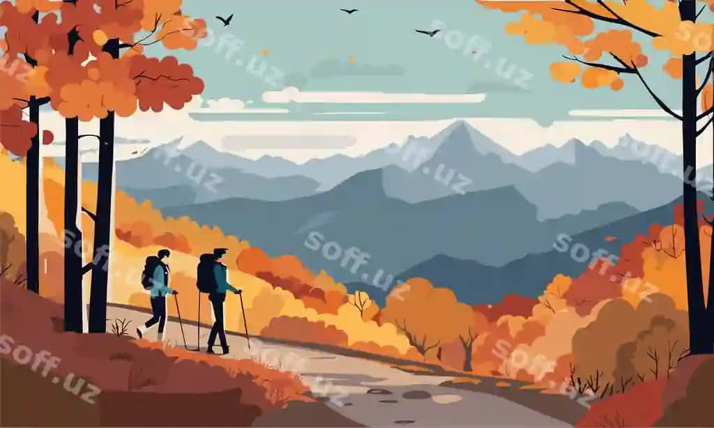 Er-xotin yurish kuz tog'lar kuz landshaft tekis uslubi | Couple hiking autumn mountains autumn landscape flat style
