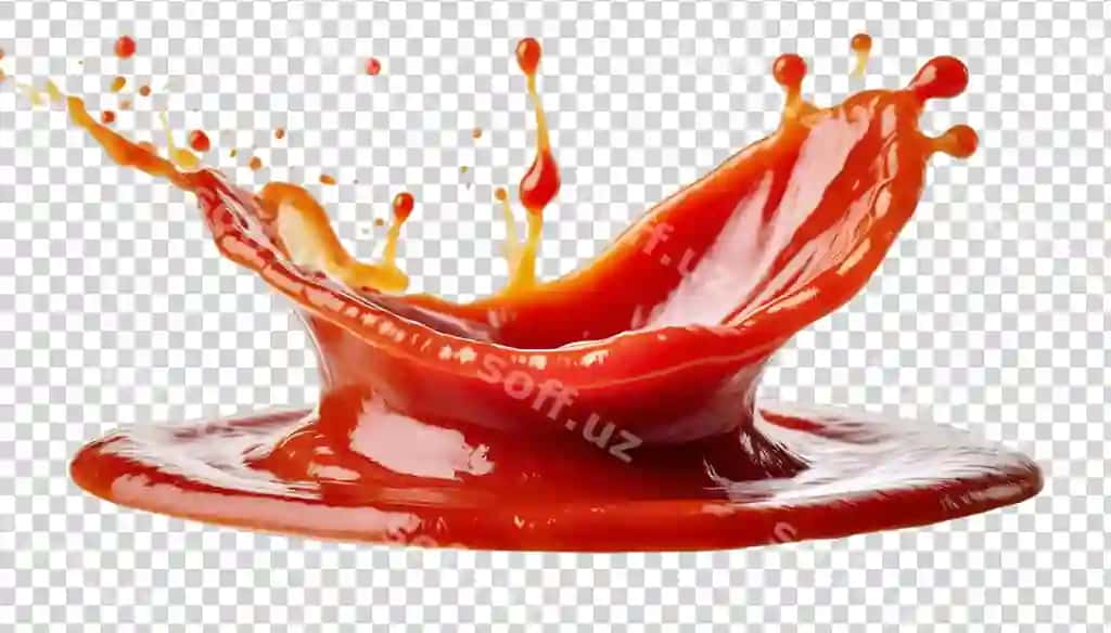 Ketchup sovuq ajraltirilgan shaffof fon realistik 3d illustratsiya | Ketchup splash isolated transparent background realistic 3d illustration