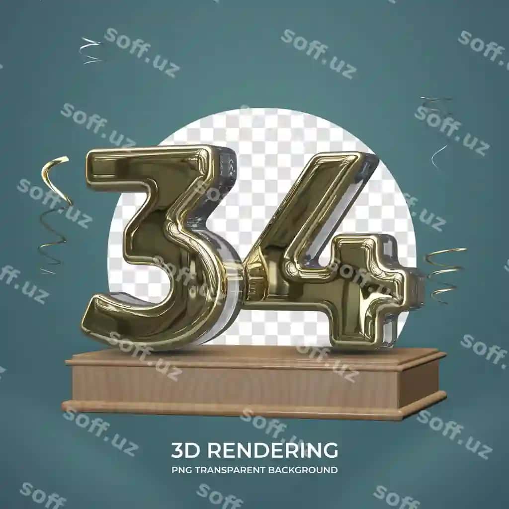 Oltin raqami 34 bosqichli 3D render shaffof fon | Gold number 34 stage 3d render transparent background
