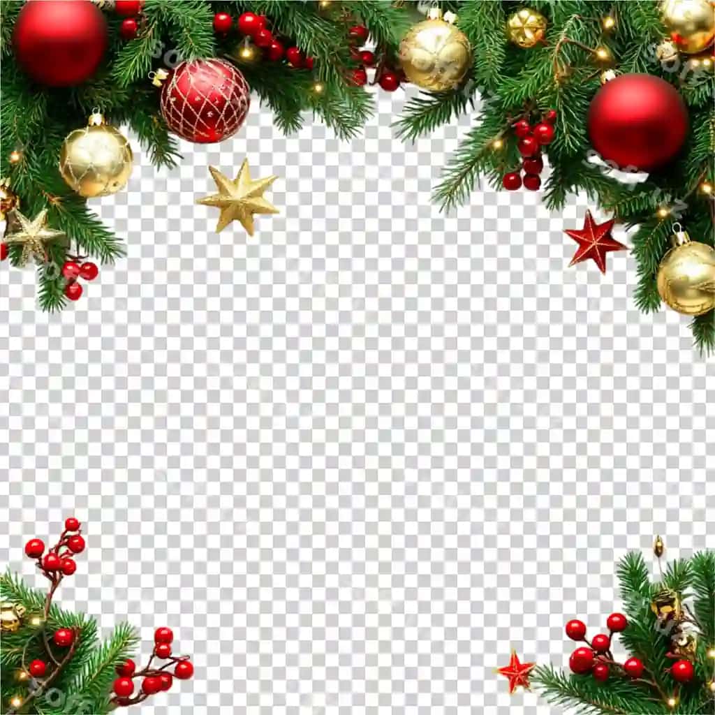 Bayramlik Rojdestvo chegara ramkasi yashil pinetk dallari dekoratsiyalar bilan | Festive christmas border frame green pine branches with ornaments