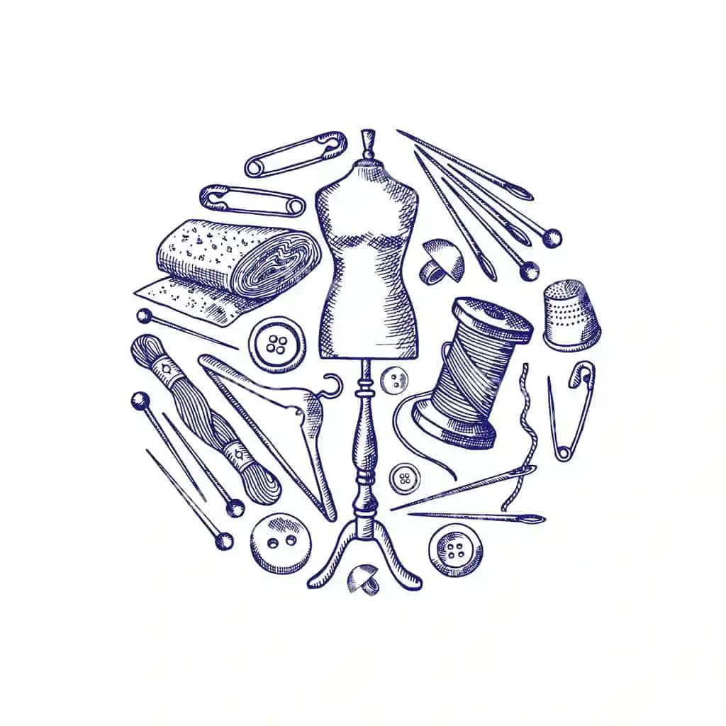 Qol chizilgan oʻyimoq elementlari toʻplangan doira illustratsiyasi ajraltirilgan | Hand drawn sewing elements gathered circle illustration isolated