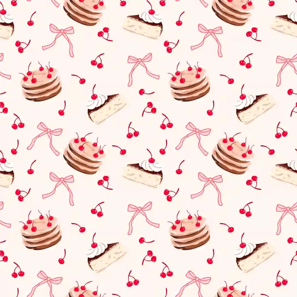 Gilos keki lentasi choksiz naqshli yoqimli desert vektor foni | Cherry cake ribbon seamless pattern cute dessert vector background