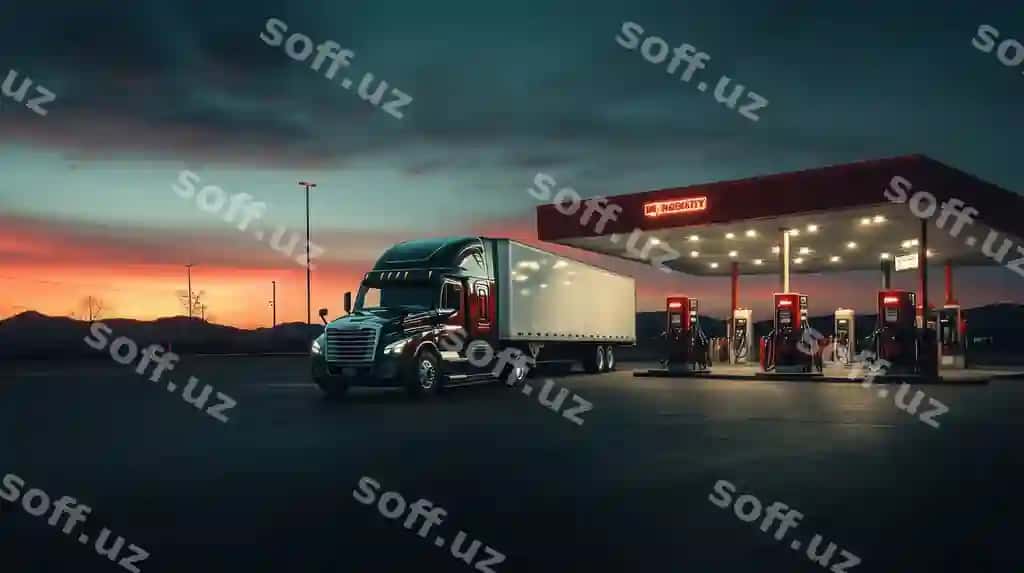 Semitruck yoqilg'i quyish shoxobchasi quyosh botishi | Semitruck gas station sunset