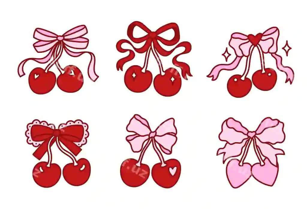 Gilos mevalari to'plami bilan juda maftunkor koketka kamonlarini o'rnating | Set coquette pretty charming bows with cherry berries collection