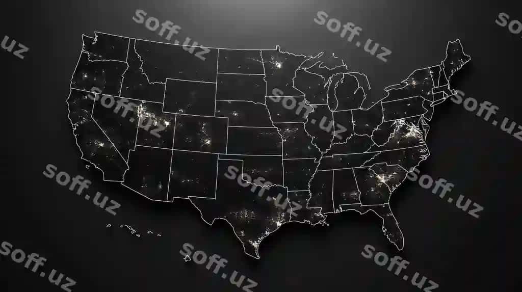 AQSH shahar yorug'liklari kechasi xaritasi | United states map showing city lights night