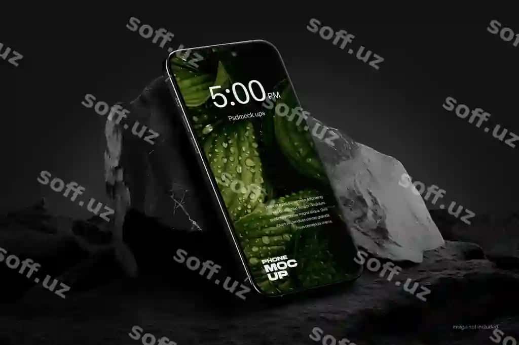 Telefon choynali namuna qattiq yuza qorong'i tema | Phone rocks mockup rugged surface dark theme