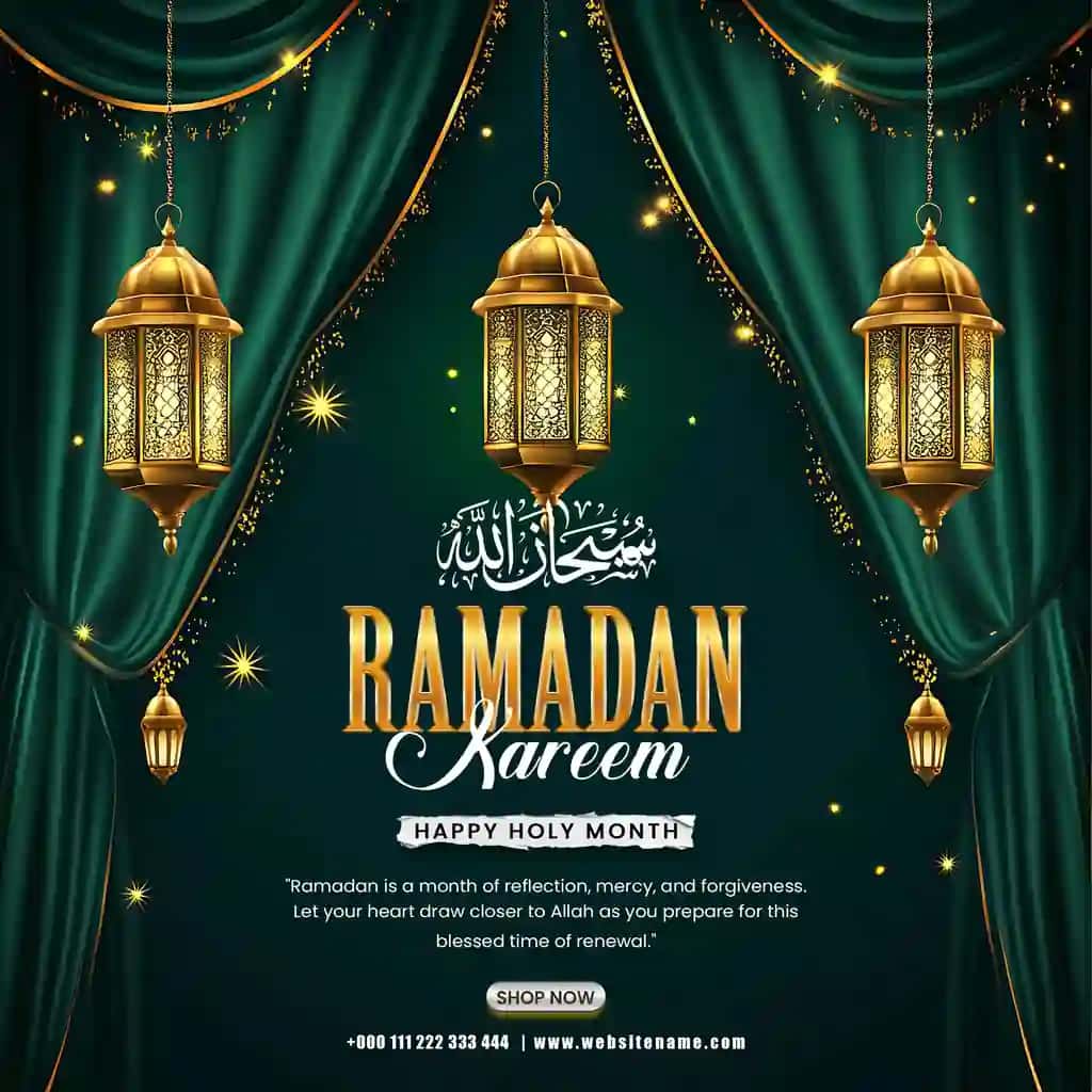 Ramazon karimini oltin chiroqlar bilan islomiy yashil pardalar bilan tabriklash | Ramadan kareem greeting with golden lanterns green curtains islamic