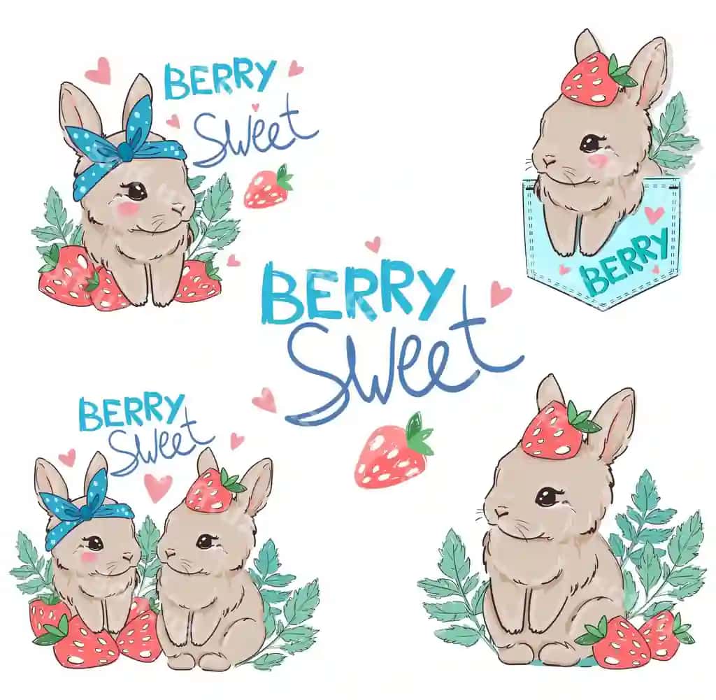 Qulupnay mevali shirin tasvirli yoqimli quyonni o'rnating | Set cute bunny with strawberry berry sweet illustration