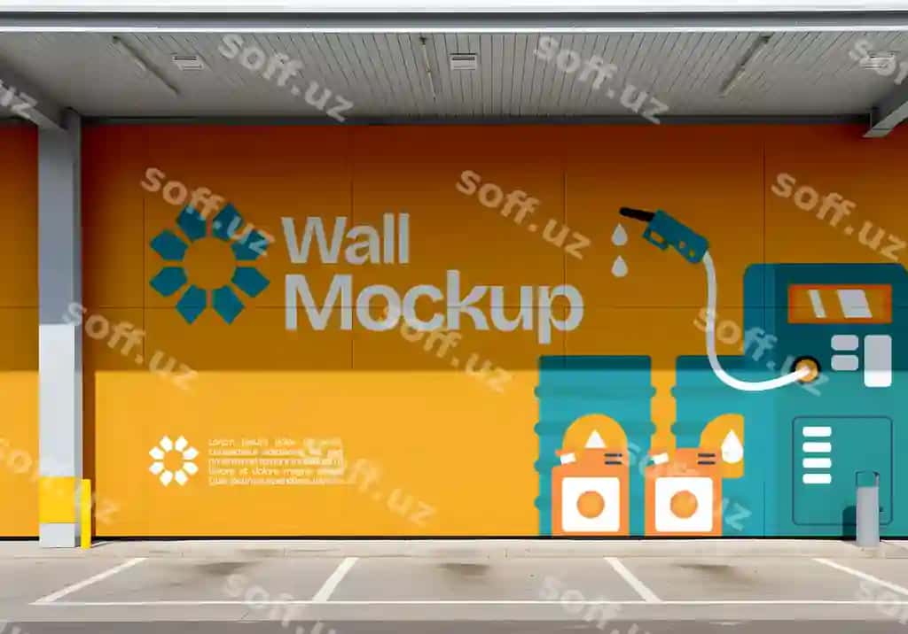 Yoqilg'i quyish shoxobchasi devori maketi reklamasi | Gas station wall mockup advertisement