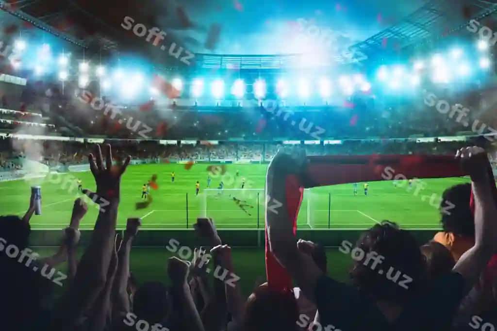 Futbol sahnasi kecha o'yin qozonish fonalari bilan stadion | Football scene night match with cheering fans stadium