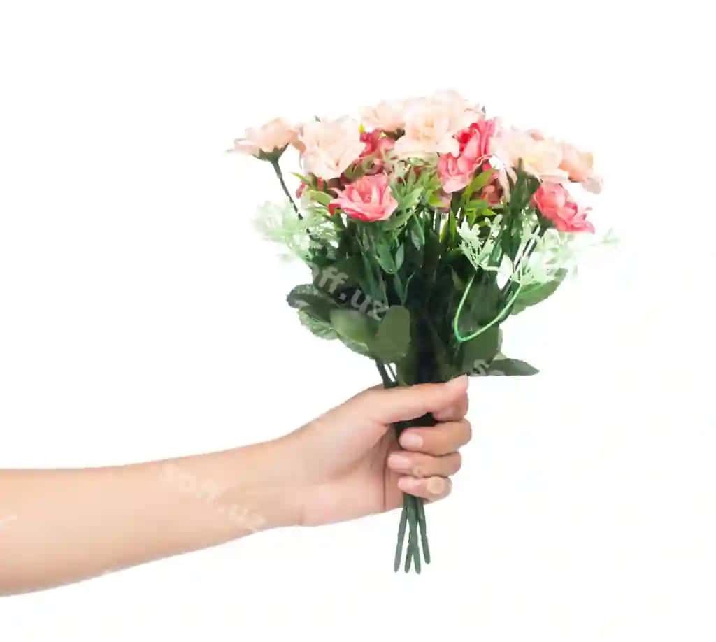 Qo'l bir guruh gulni tutgan, ajralangan oq fonda | Hand holding bunch flowers isolated white background